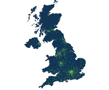 Scatter map of location of map development companies on UK territory.